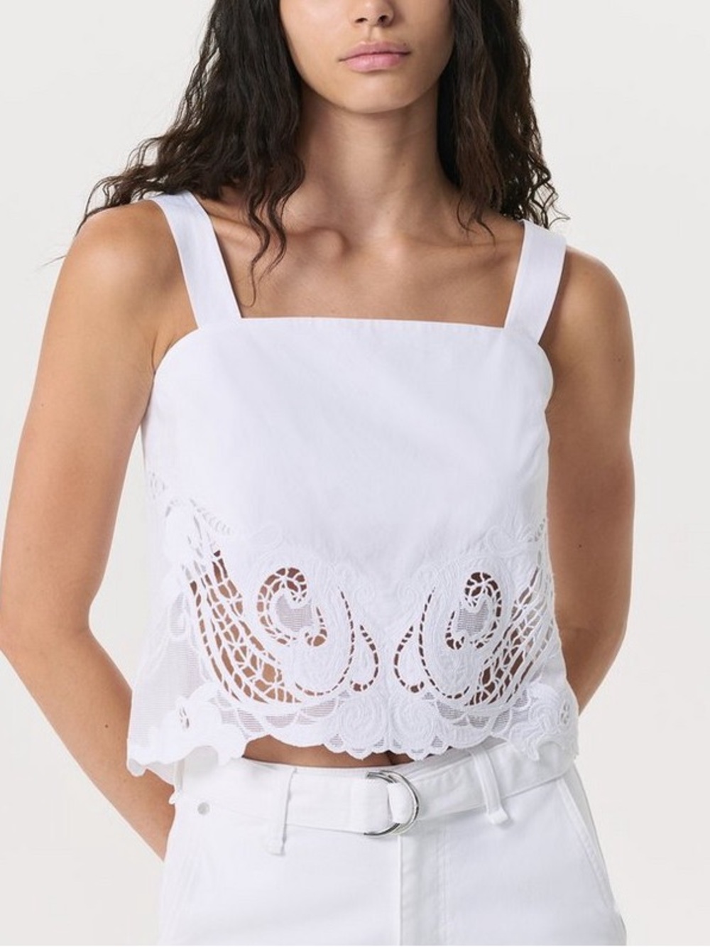 Rag & Bone White Cotton Clem Lace-Trim Poplin Cropped Tank Top